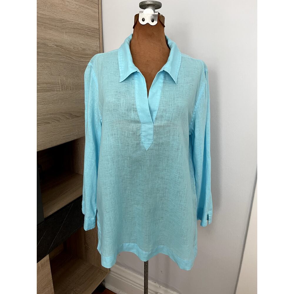 Lilly Pulitzer Sz L Pop Over Tunic Top Blue Linen Preppy Breathable Beach Resort